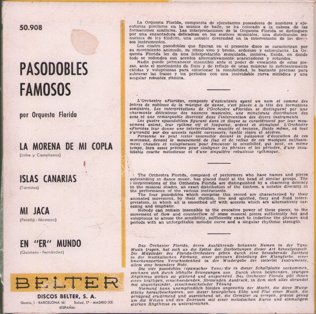 Orquesta Florida - Pasodobles Famosos - 7 Inch