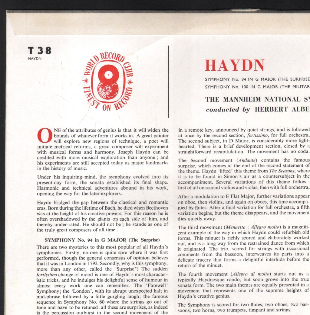 Mannheim National Symphony Orchestra / Herbert Albert - Haydn - Symphony No. 94 (The Surprise) Symphony No. 100 (The Military) - Lp