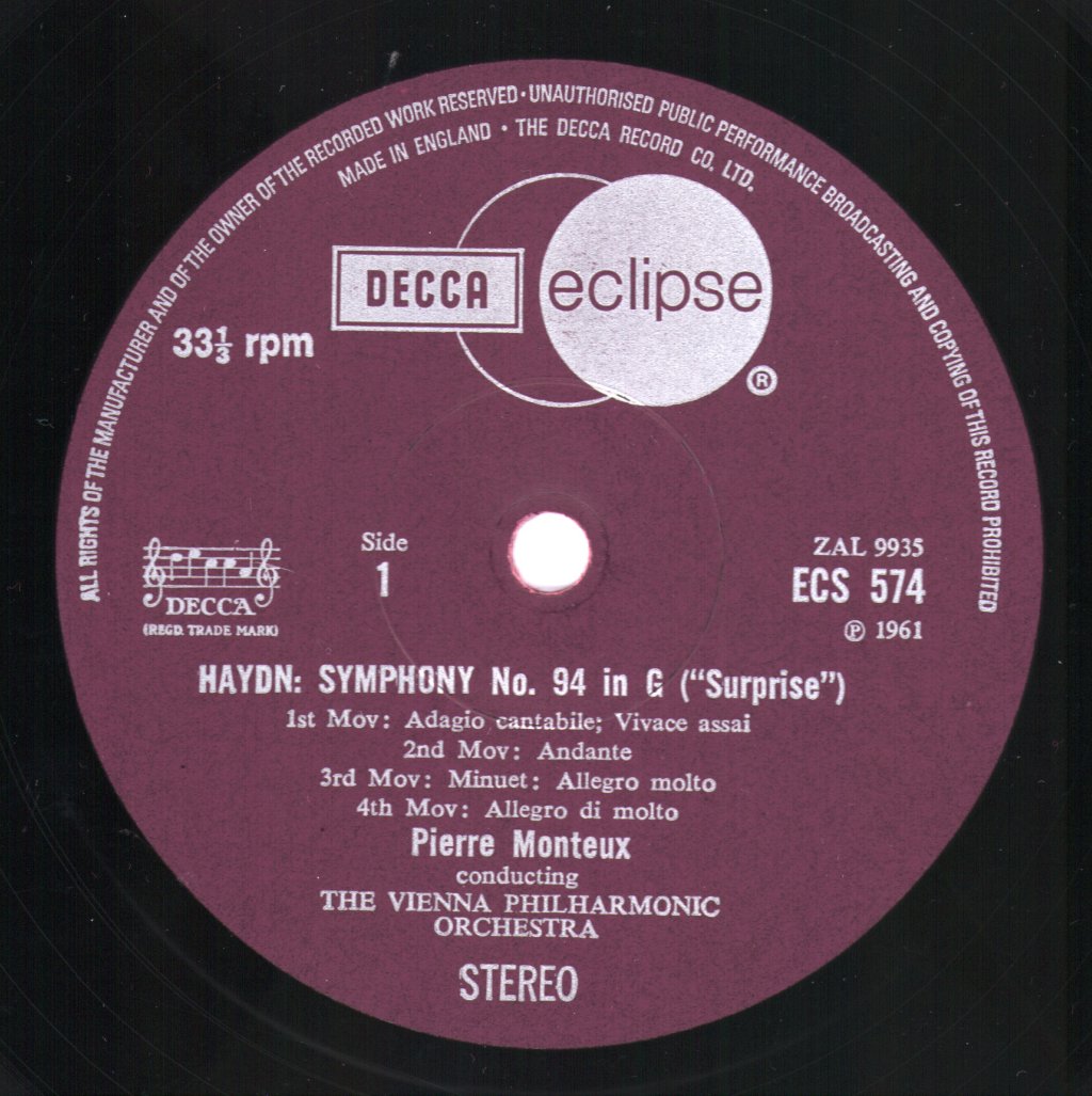 Pierre Monteux / Vienna Philharmonic Orchestra - Haydn - Symphony No. 94 In G  'Surprise'  / Symphony No. 101 In D  'Clock' - Lp