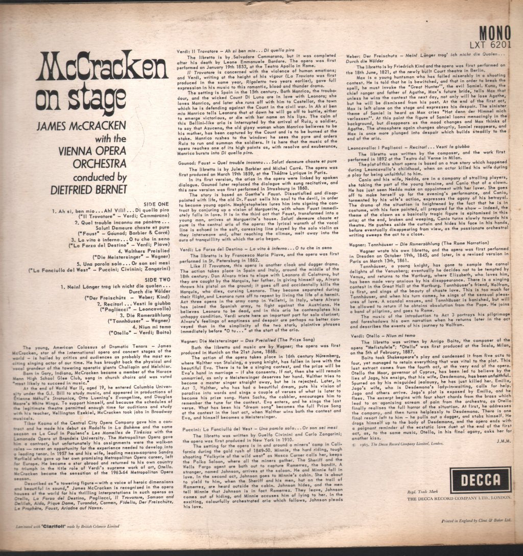 James McCracken / Vienna Opera Orchestra / Dietfried Bernet - McCracken On Stage - Lp
