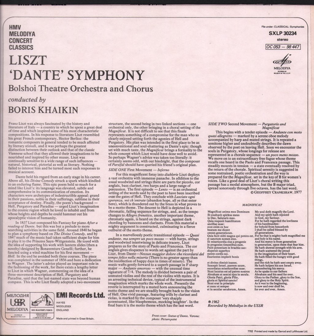 Boris Khaikin And Bolshoi Theatre Orchestra - Liszt Dante Symphony - Lp