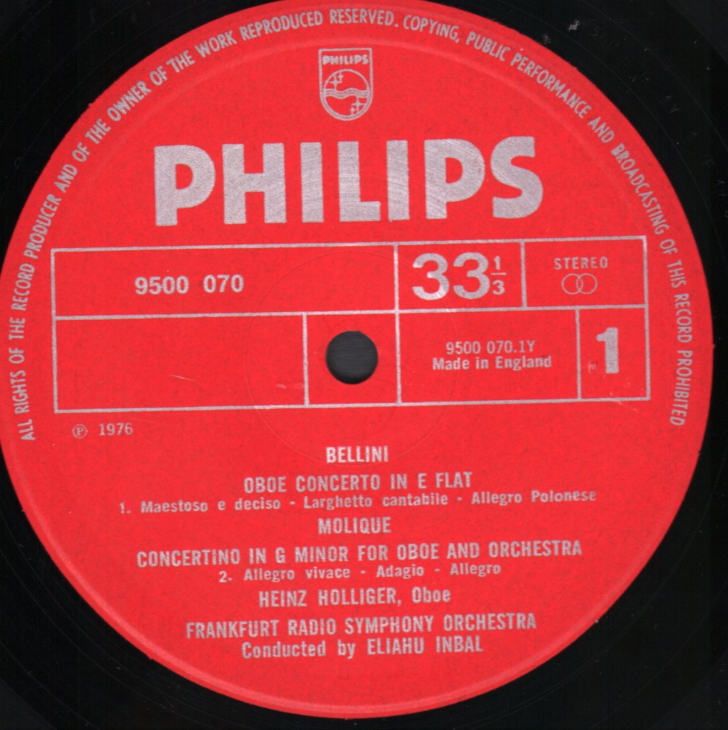 Heinz Holliger And Aurele Nicolet / Frankfurt Radio Symphony Orchestra / Eliahu Inbal - Heinz Holliger And Aurele Nicolet Play Oboe And Flute Works By Bellini, Molique, Moscheles, & Rietz - Lp