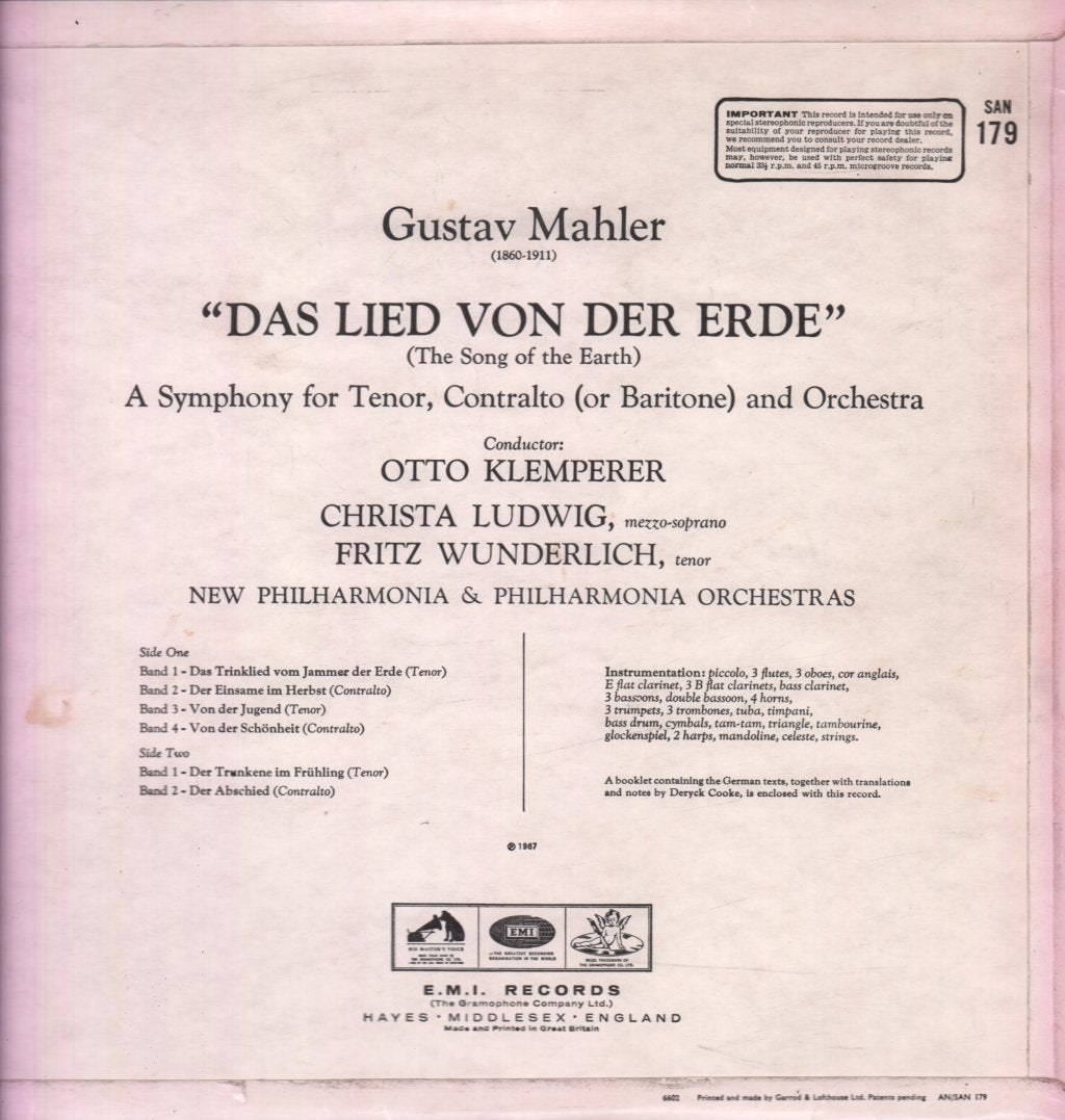 new philharmonia & philharmonia orchestras - Mahler Das Lied Von Der Erde - Lp