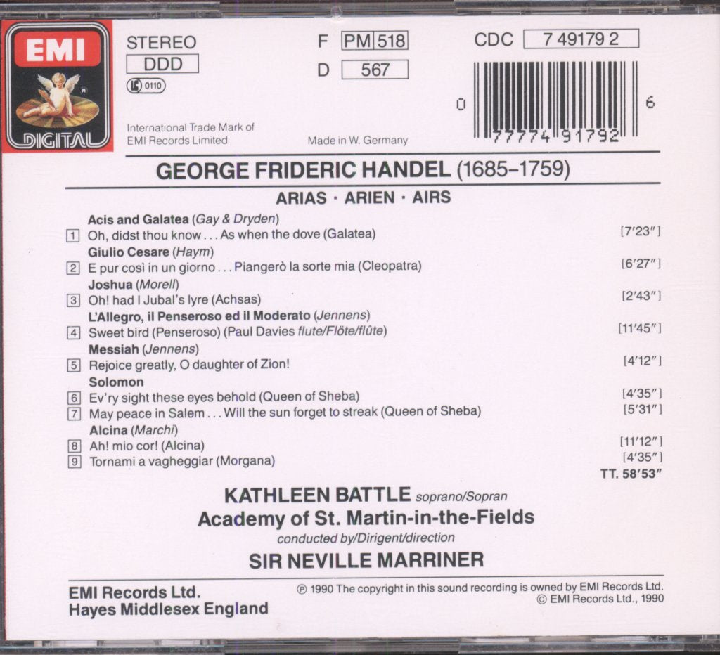 Kathleen Battle, Academy Of St. Martin-in-the-Fields, Neville Marriner - Handel - Arias = Arien = Airs - Cd
