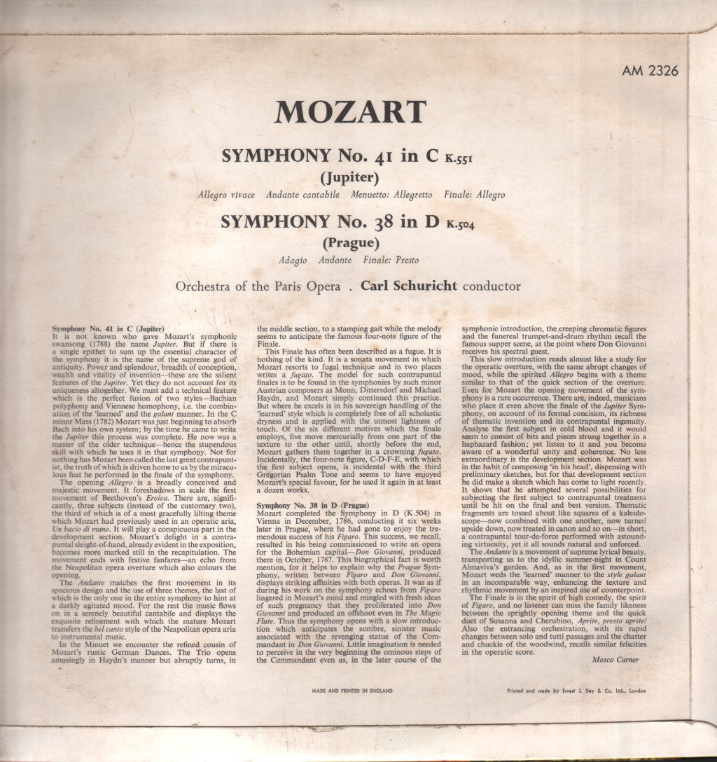Carl Schuricht / Orchestra of The Paris Opera - Mozart - Jupiter Symphony / Prague Symphony - Lp