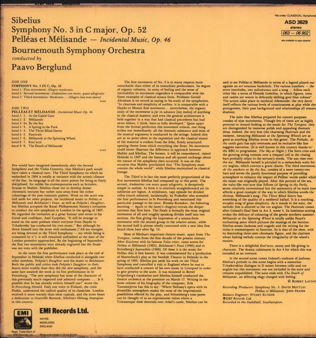Paavo Berglund / Bournemouth Symphony Orchestra - Sibelius - Symphony No. 3 / Pelleas & Melisande - Lp