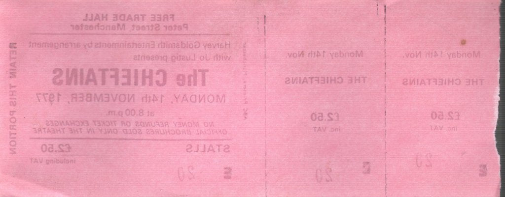 Chieftains - Free Trade Hall Manchester 14Th Nov 1977 - Ticket