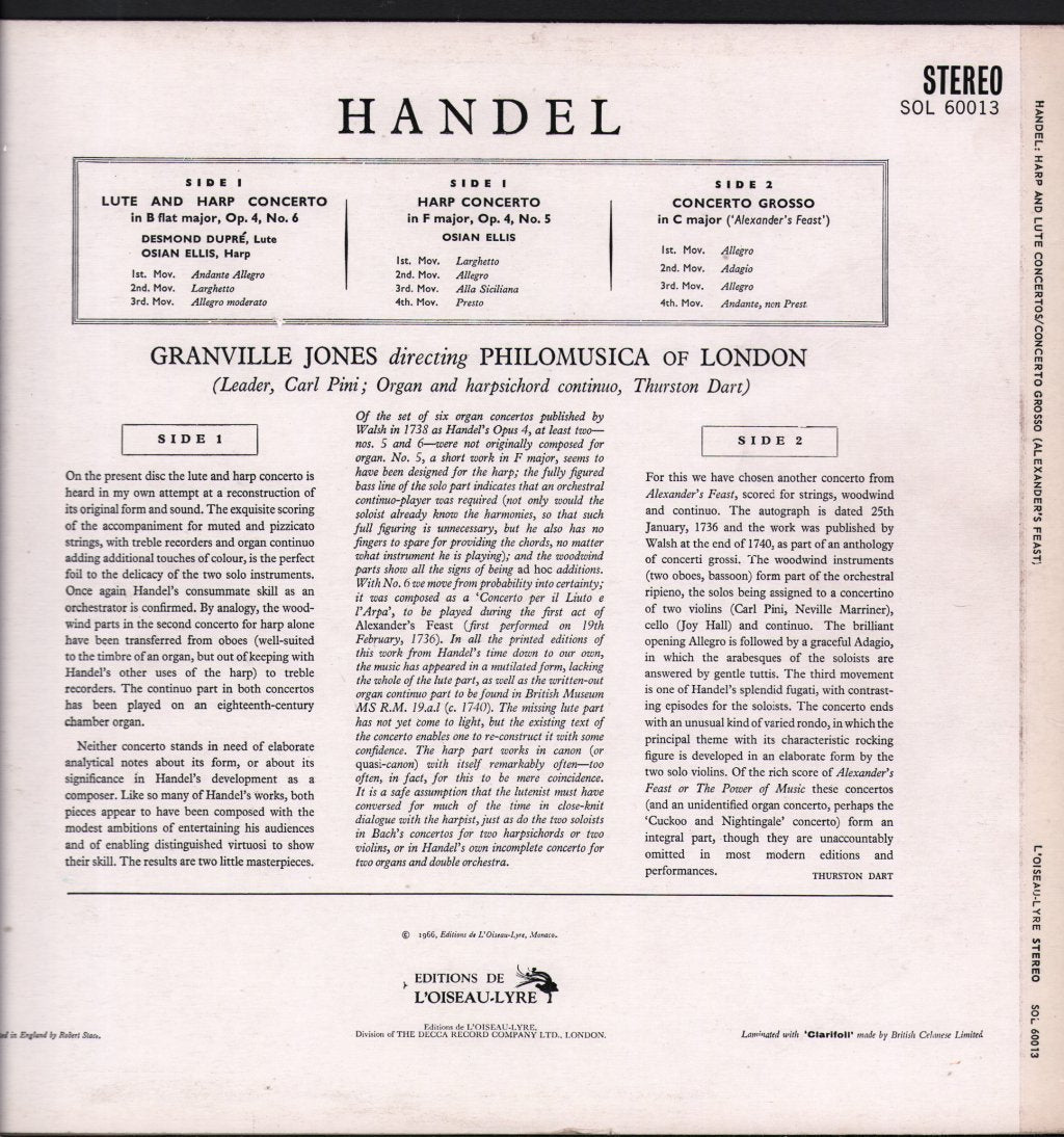 Osian Ellis / Desmond Dupre / Granville Jones / Philomusica Of London - Handel - Concerto For Harp And Lute In B Flat, Op. 4 No. 6 / Concerto For Harp In F, Op. 4 No. 5 - Lp