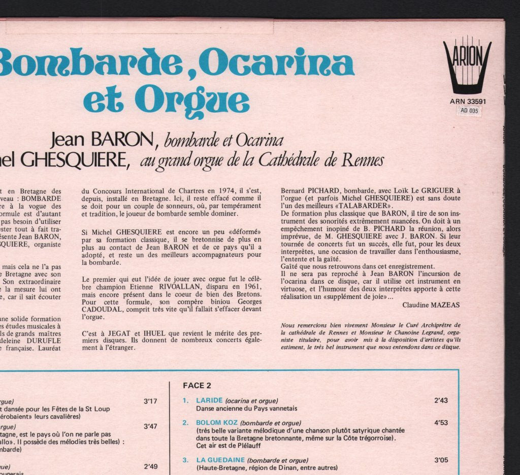 Jean Baron / Michel Ghesquiere - Bombarde, Ocarina Et Orgue - Lp