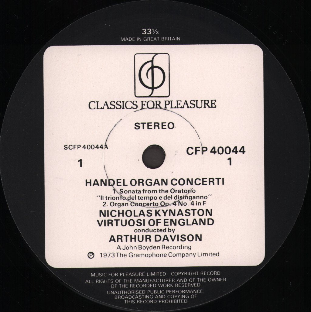 Nicolas Kynaston/ Arthur Davison / Virtuosi Of England - Handel - Organ Concerti - Lp