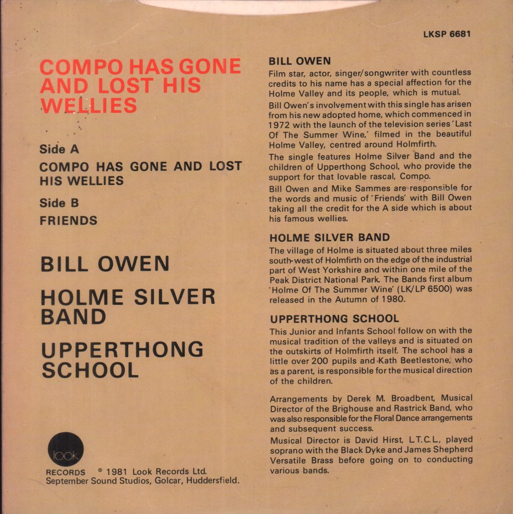 Bill Owen - Compo Has Gone And Lost His Wellies - 7 Inch