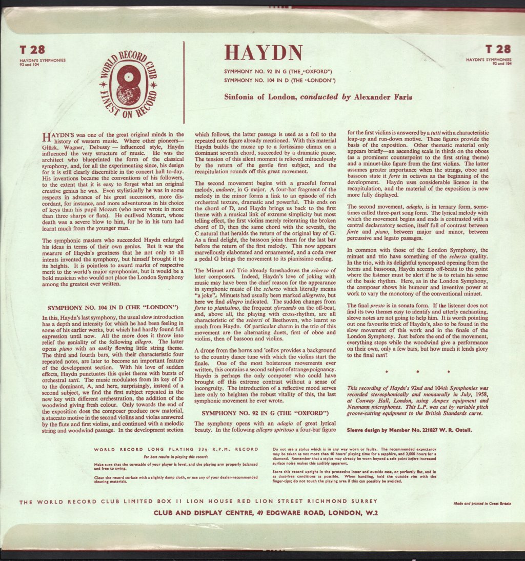 Sinfonia Of London / Alexander Faris - Franz Joseph Haydn - Symphony No. 92 In G Major "Oxford" / Symphony No. 104 In D Major "London" - Lp