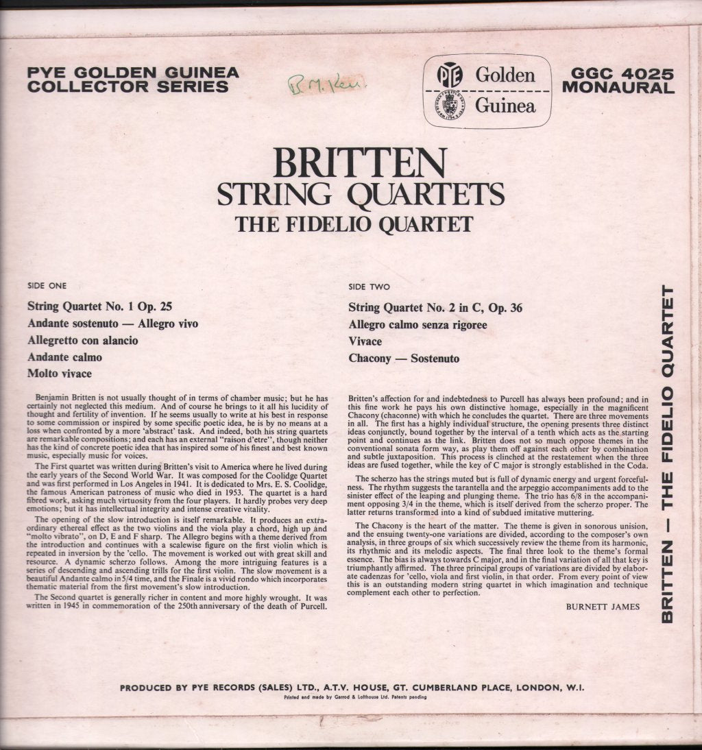 Fidelio Quartet - Benjamin Britten - String Quartets - Lp