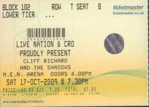Cliff Richard And The Shadows - M.e.n. Arena 17 Oct 2009 - Ticket