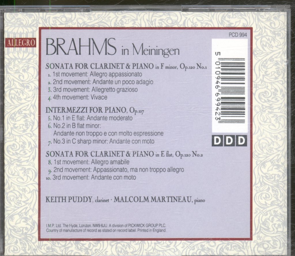Keith Puddy, Malcolm Martineau - Brahms In Meiningen - Cd