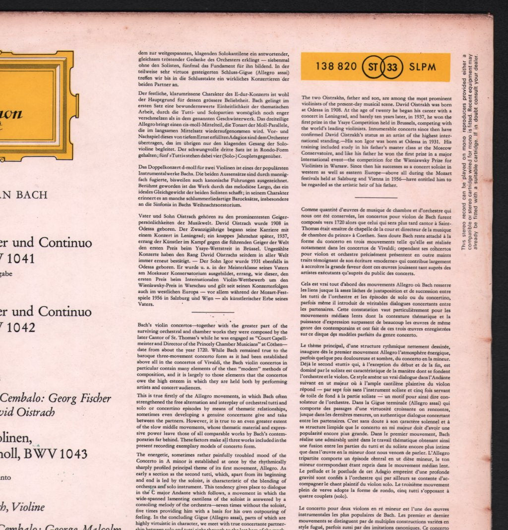 David And Igor Oistrakh - Bach Violin Concertos In A / Double Violin Concerto - Lp