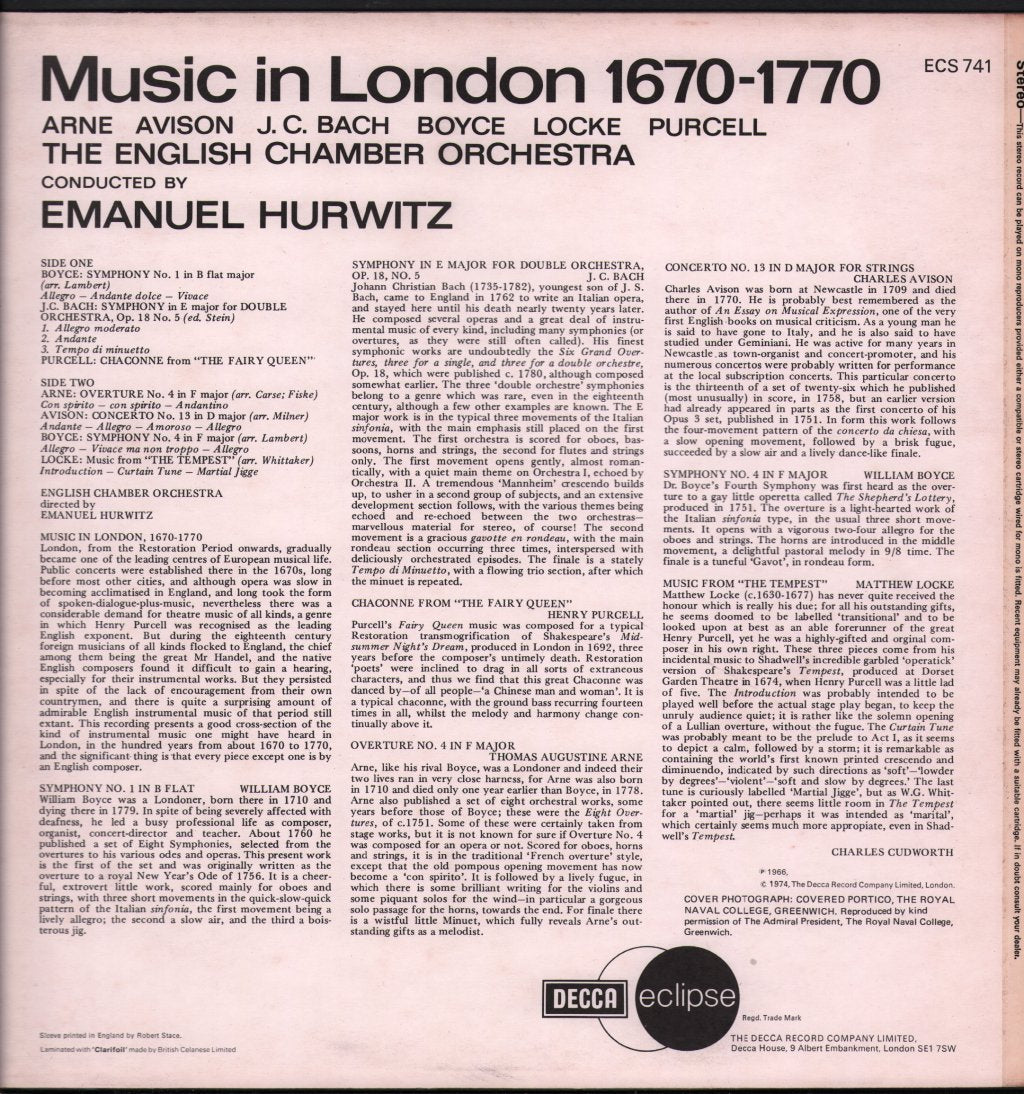 English Chamber Orchestra / Emanuel Hurwitz - Music In London 1670-1770 - Lp