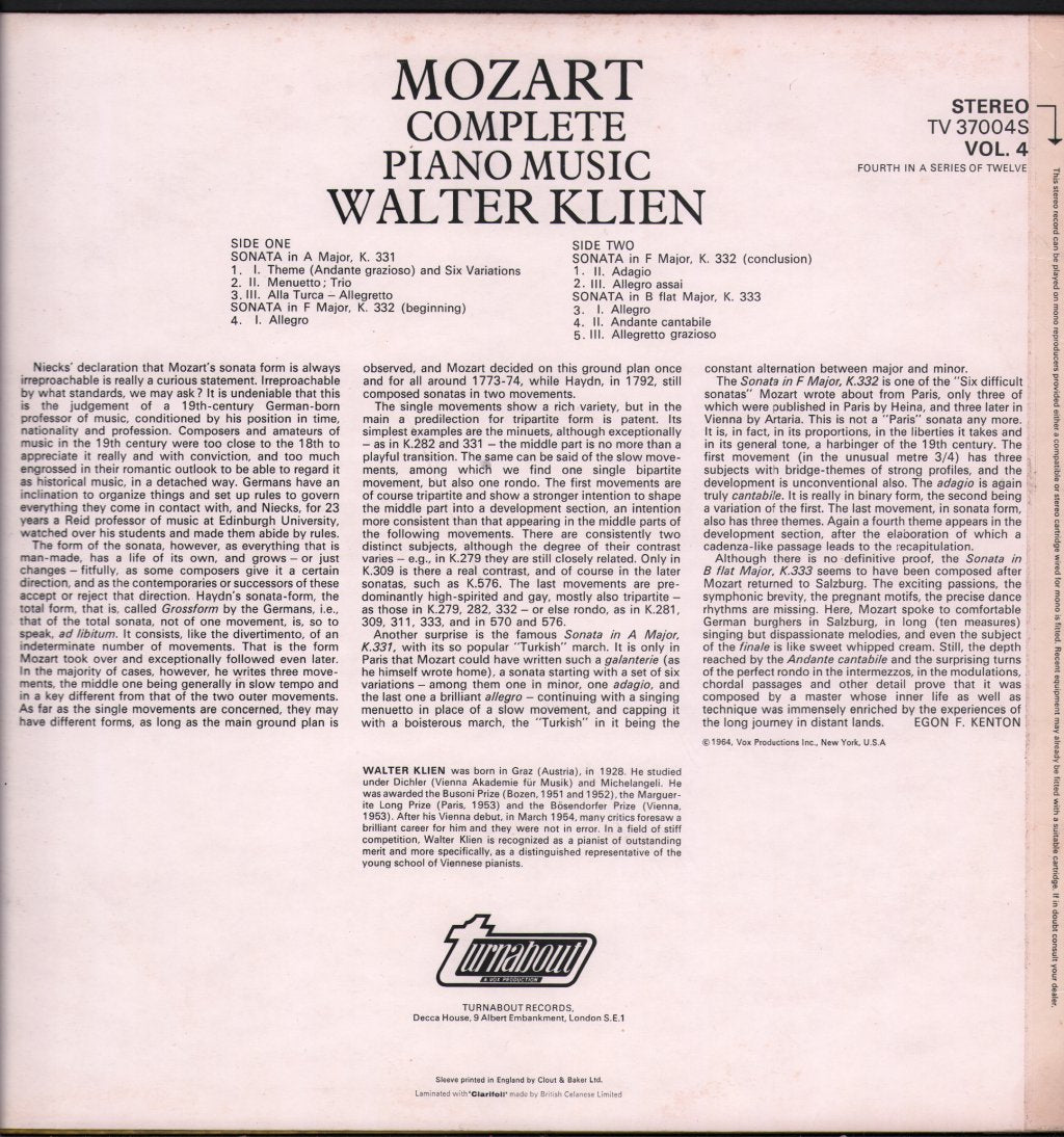 Walter Klien - Mozart - Complete Piano Music Vol. 4 - Lp