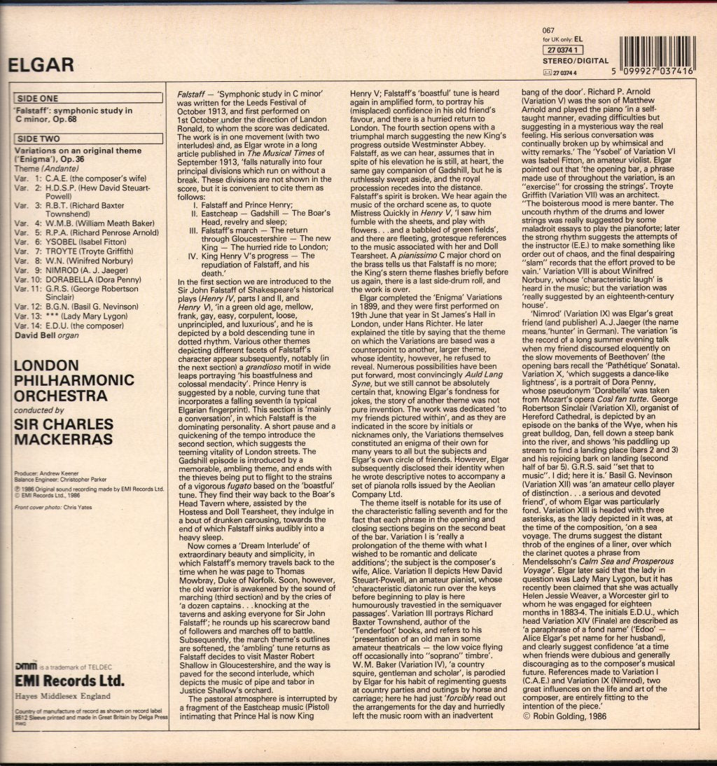 Sir Charles Mackerras / London Philharmonic Orchestra - Elgar - Enigma Variations / Flagstaff - Symphonic Study, Op. 68 - Lp