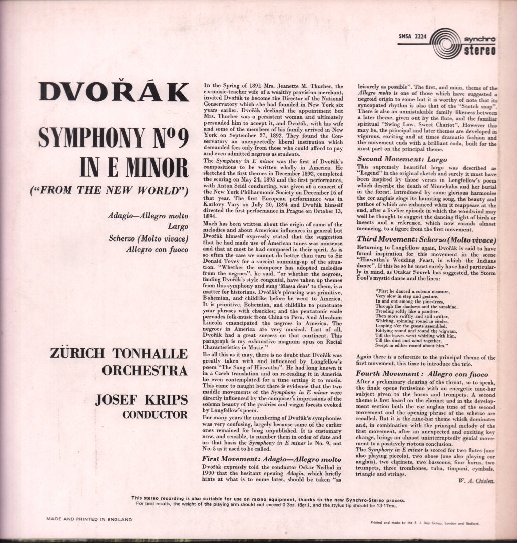 Josef Krips / Zurich Tonhalle Orchestra - Dvorak New World Symphony Symphony No.9 In E Minor Opus 95 - Lp