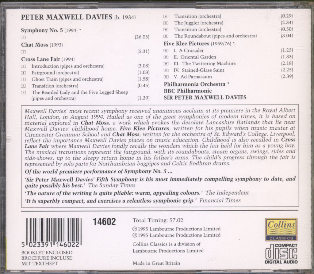 Philharmonia Orchestra, Sir Peter Maxwell Davies - Maxwell Davies -Symphony No.5 • Chat Moss • Cross Lane Fair • Five Klee Pictures - Cd