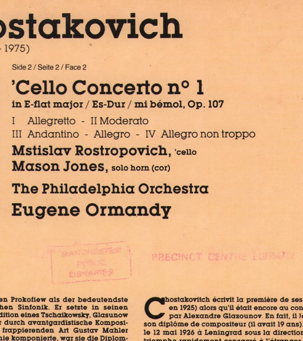Mstislav Rostropovich / Eugene Ormandy - Shostakovitch - Cello Concerto / Symphony No.1 - Lp