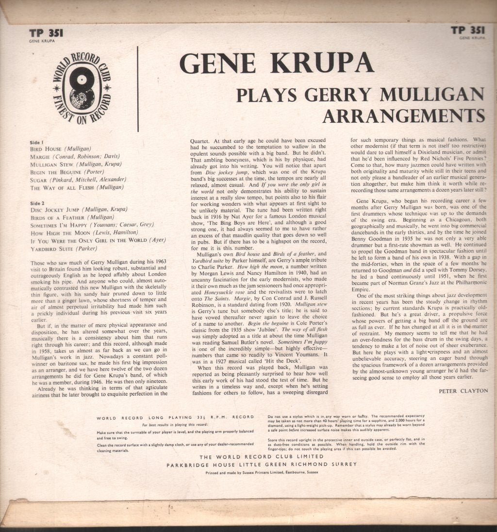 Gene Krupa - Plays Gerry Mulligan Arrangements - Lp