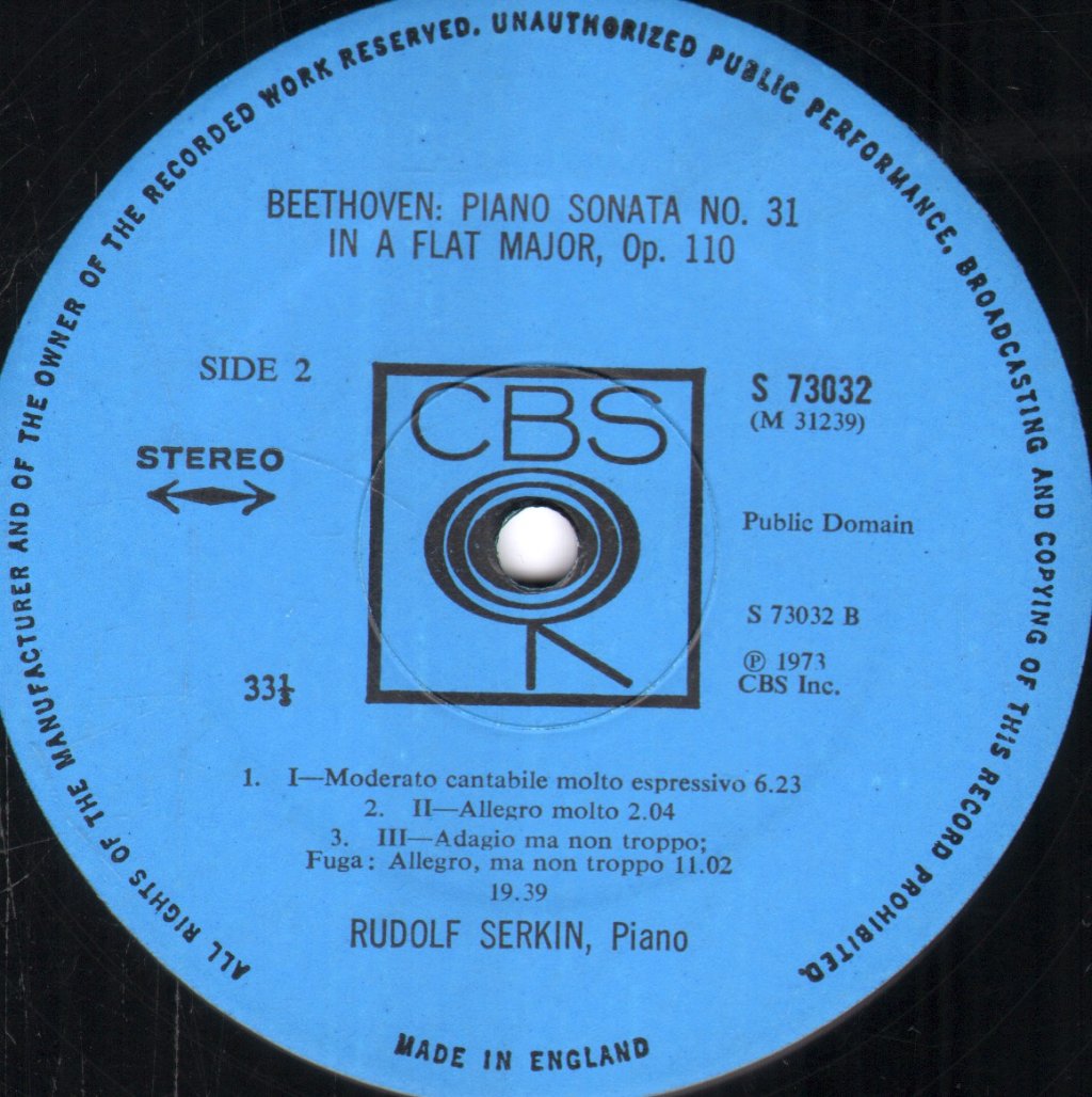 Rudolf Serkin - Beethoven - Sonata No. 28 In A Major / Sonata No. 31 In A-Flat Major - Lp