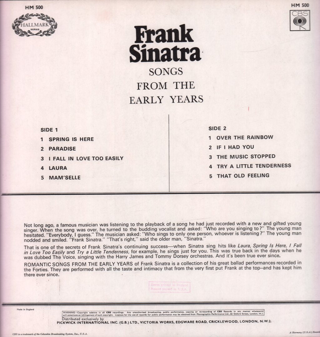 Frank Sinatra - Romantic Songs From The Early Years - Lp