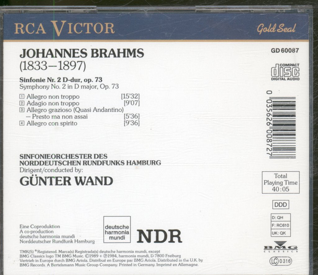 Sinfonie-Orchester Des Norddeutschen Rundfunks, Gunter Wand - Brahms - Sinfonie Nr. 2 D-dur, Op. 73 - Cd