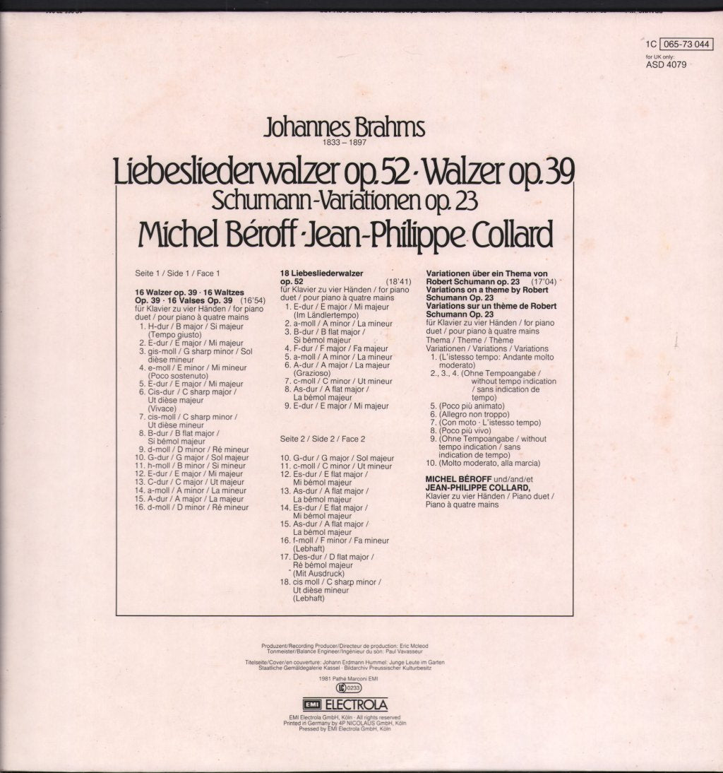 Michel Beroff / Jean-Philippe Collard - Johannes Brahms - Liebesliederwalzer Op.52 / Walzer Op.39 / Schumann-Variationen Op.23 - Lp