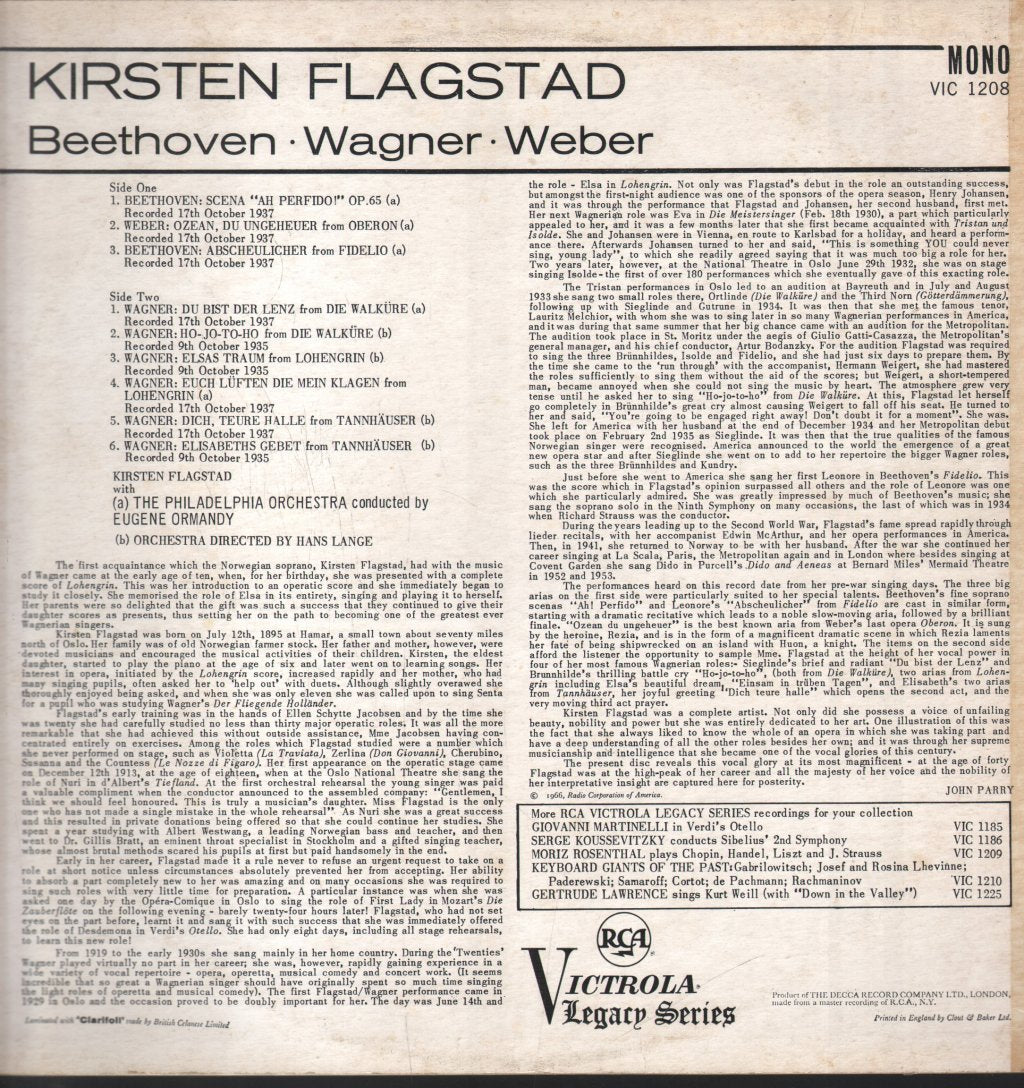 Kirsten Flagstad - Beethoven Wagner Weber - Lp