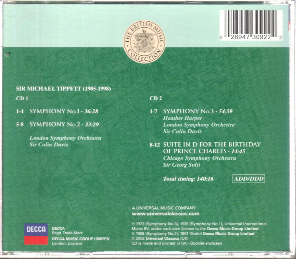 Various Artists - Sir Michael Tippett - Symphonies Nos. 1-3 / Suite In D For The Birthday Of Prince Charles - Double Cd