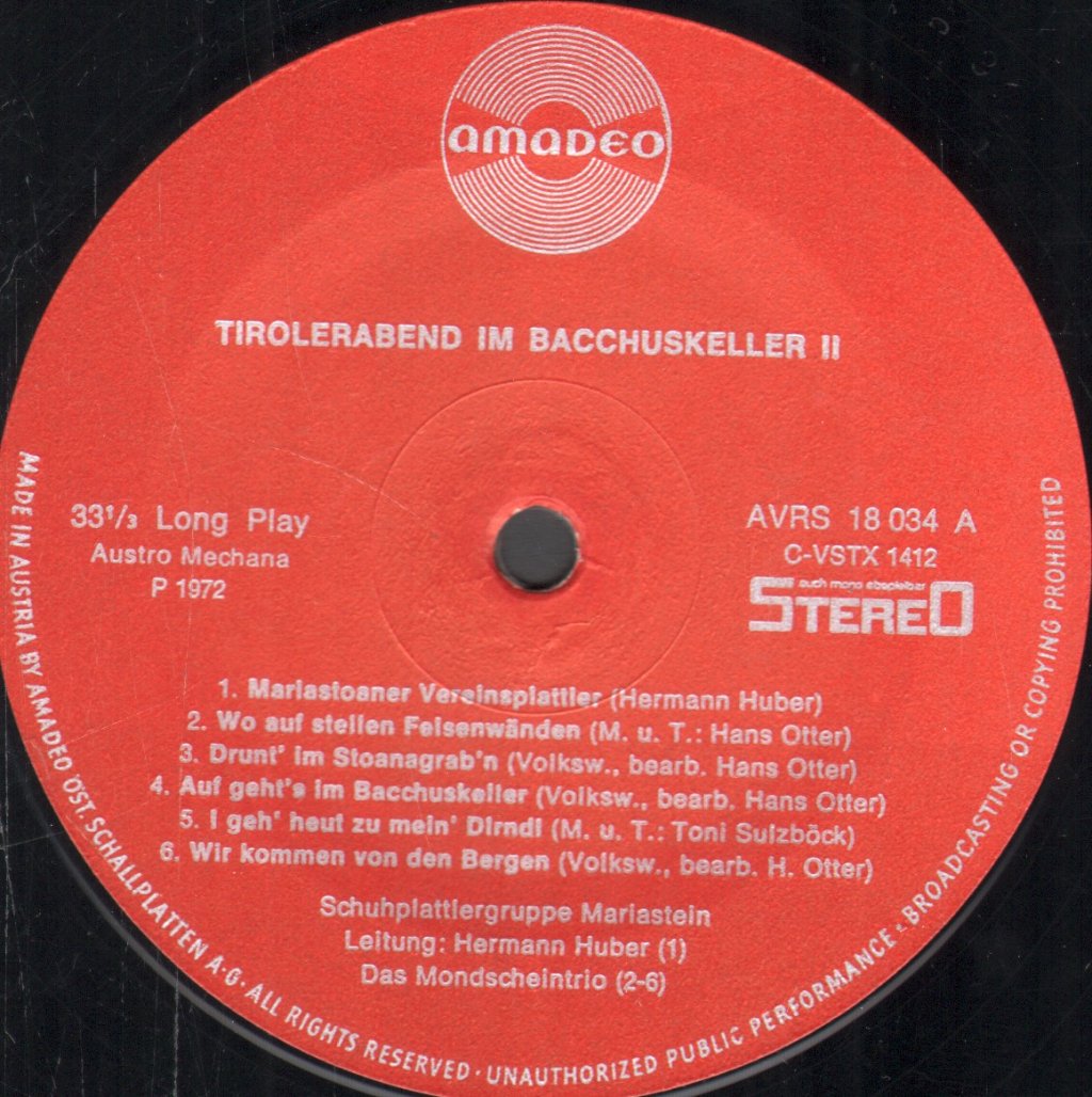 Mondscheintrio / Die Schuhplattlergruppe Mariastein - Tirolerabend Im Bacchuskeller Nr. II - Lp