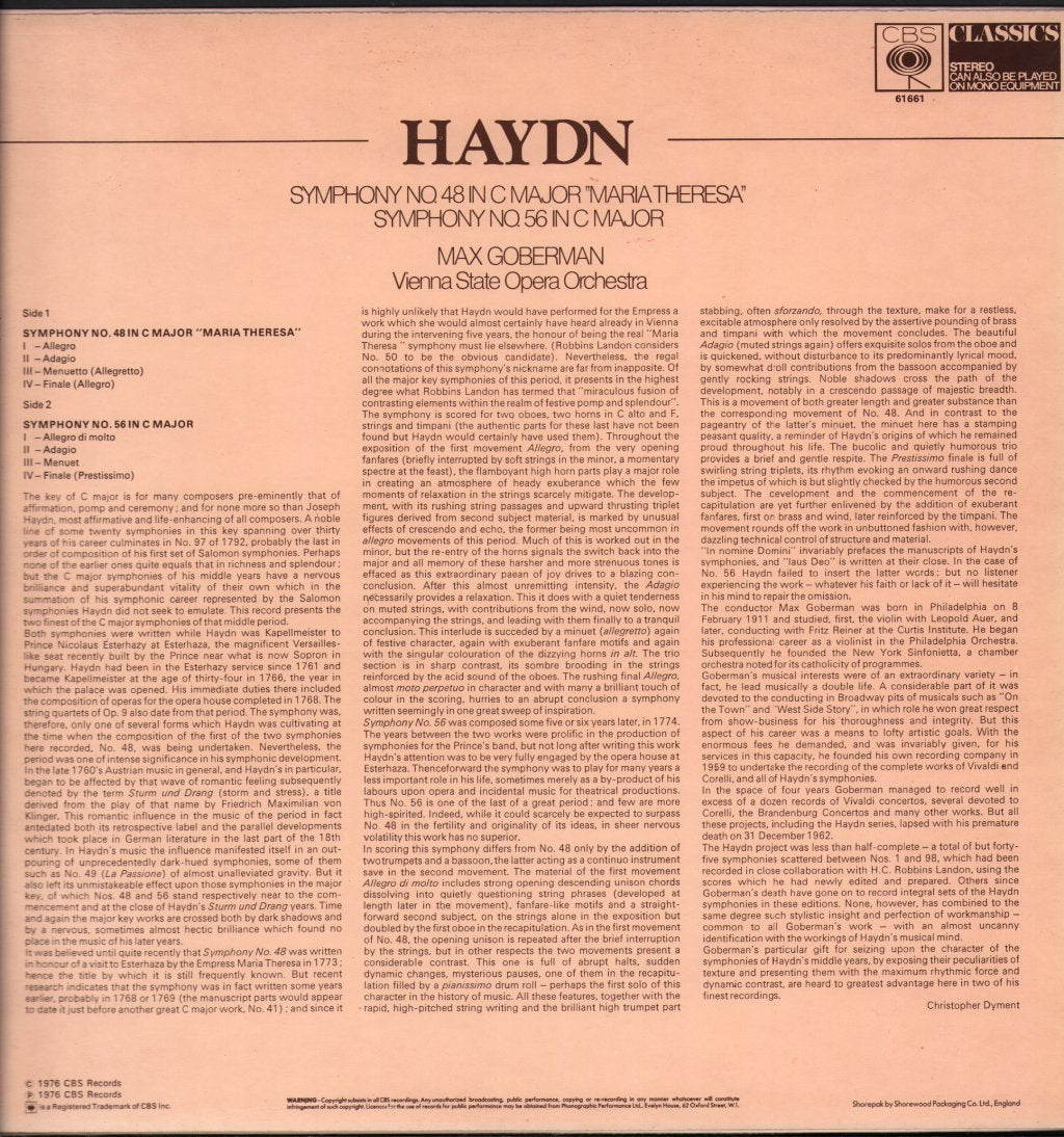 Max Goberman / Vienna State Opera Orchestra - Haydn - Symphony No. 48 in C major "Marie Theresa", Symphony No. 56 in C Major - Lp