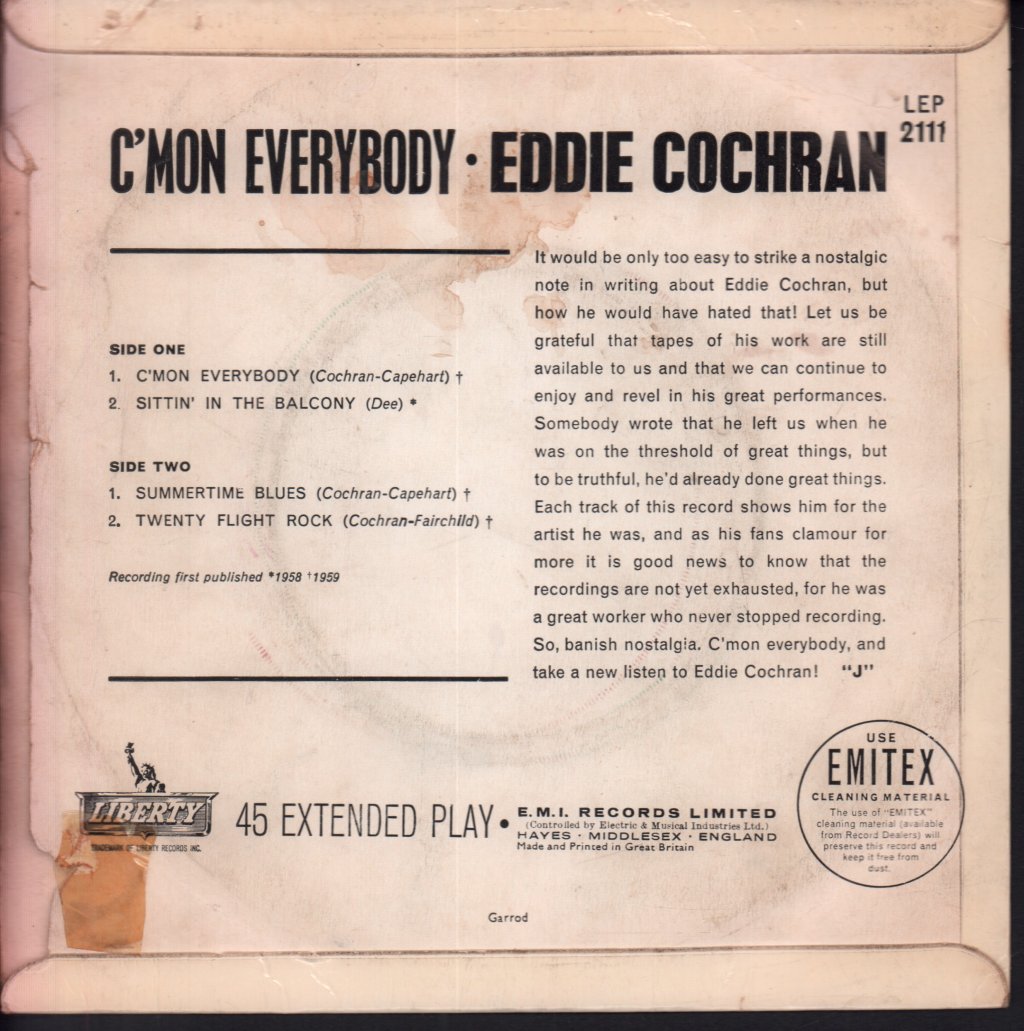 Eddie Cochran - C'mon Everybody - 7 Inch