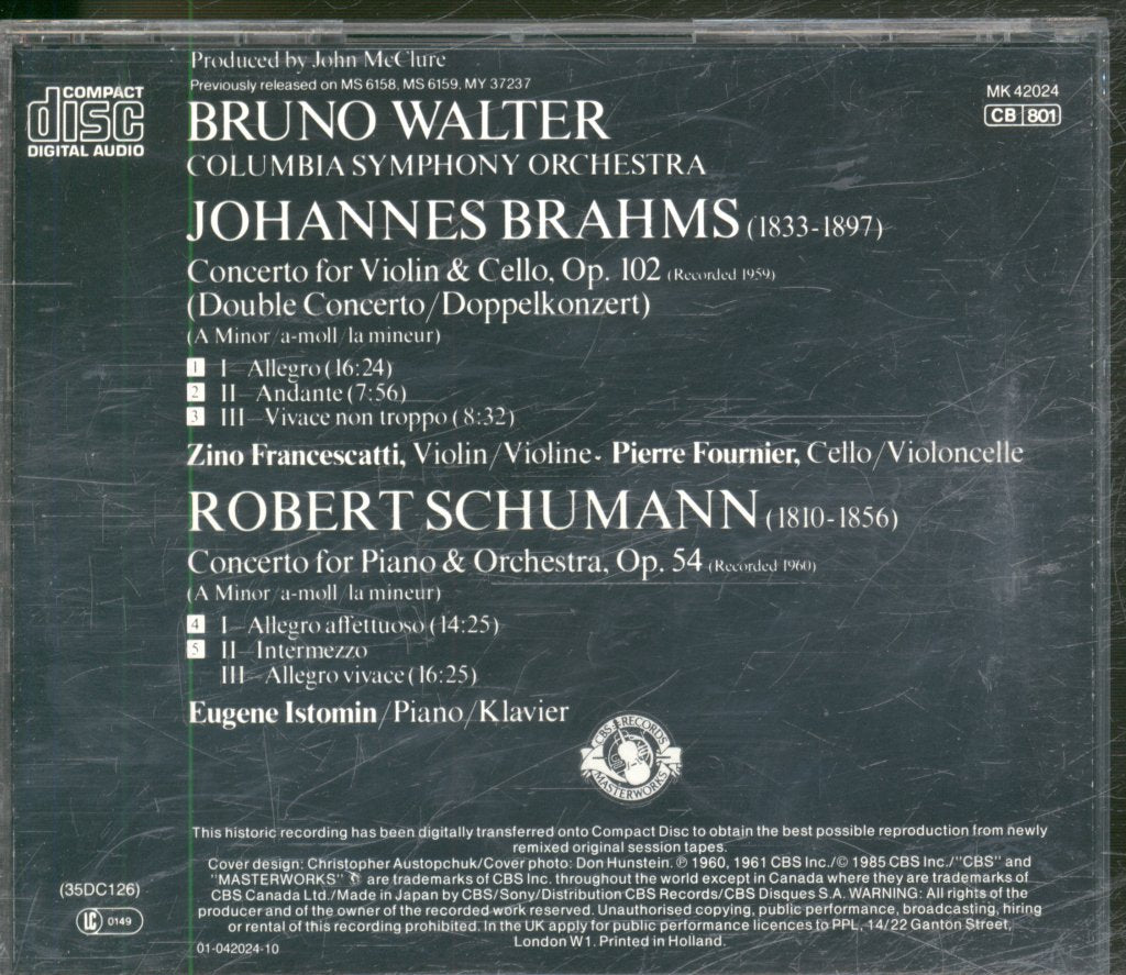 Bruno Walter - Brahms / Schumann - Concerto For Violin & Cello / Concerto For Piano/ Klavier - Cd