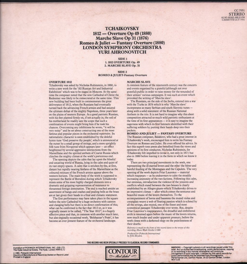 London Symphony Orchestra / Yuri Ahronovitch - Tchaikovsky Spectacular -1812 Overture / Marche Slave - Lp