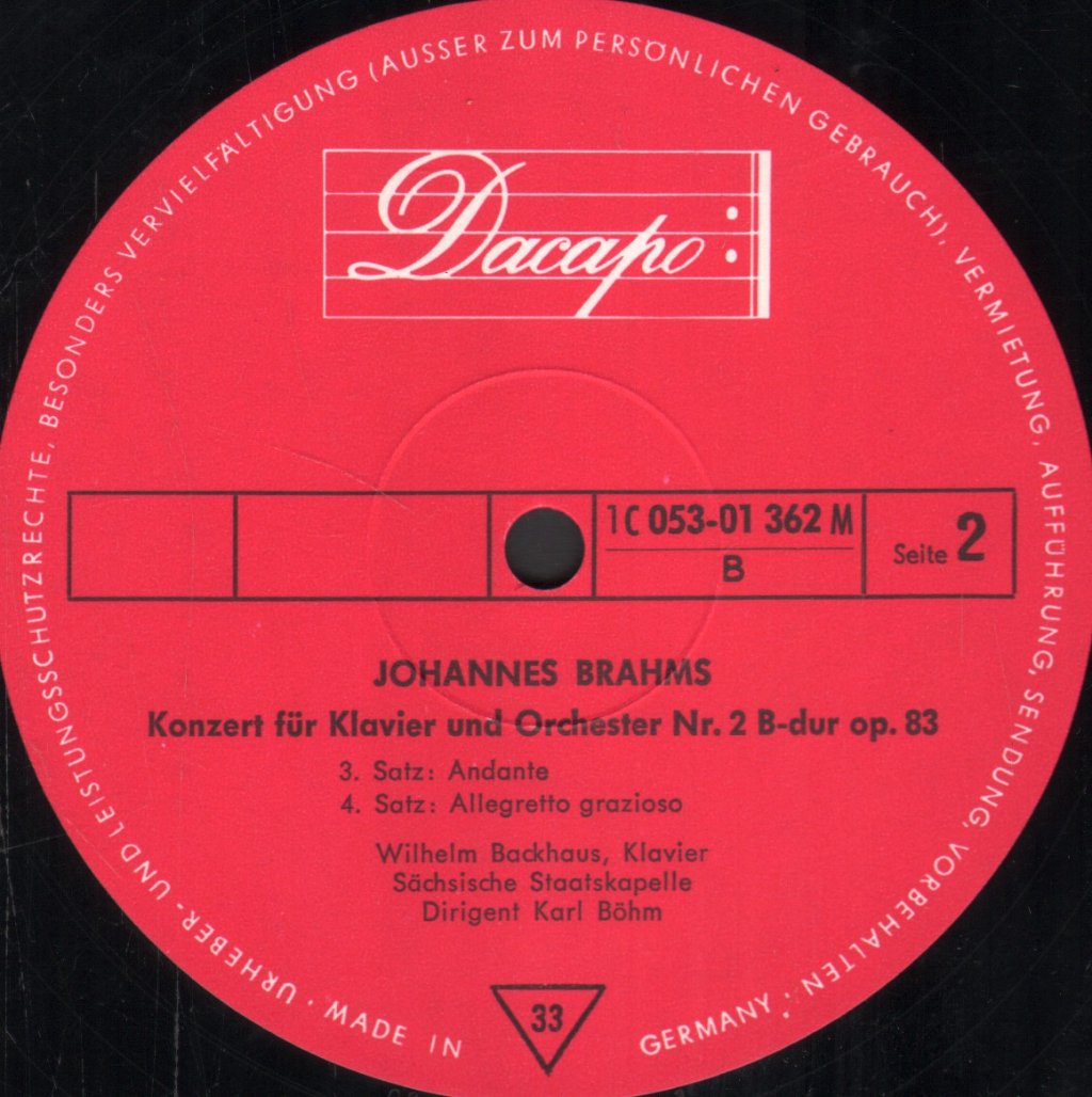 Wilhelm Backhaus / Karl Bohm / Sachsische Staatskapelle - Johannes Brahms - Konzert Für Klavier Und Orchester Nr. 2 B-dur Op. 83 - Lp