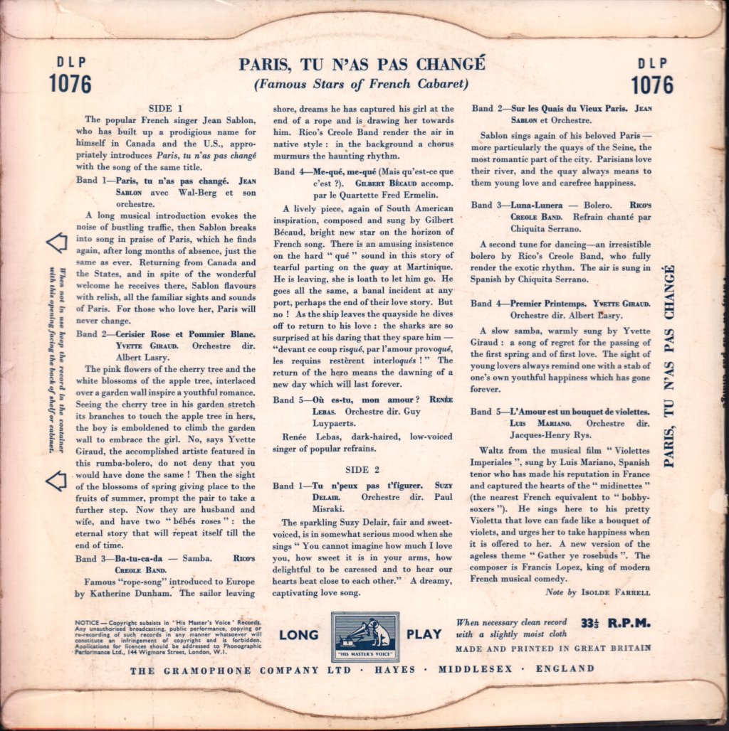 Various Artists - Paris, Tu N'as Pas Changé - Lp