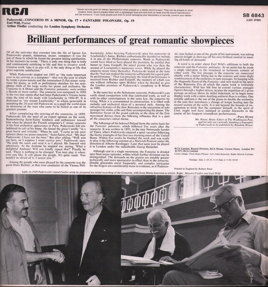 Earl Wild / Arthur Fiedler / London Symphony Orchestra - Paderewski - Piano Concerto In A Minor, Op. 17 - Lp
