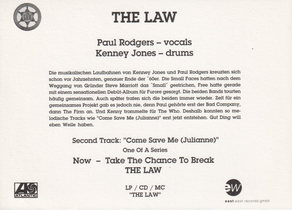 Law (Paul Rodgers) - Come Save Me - 7 Inch