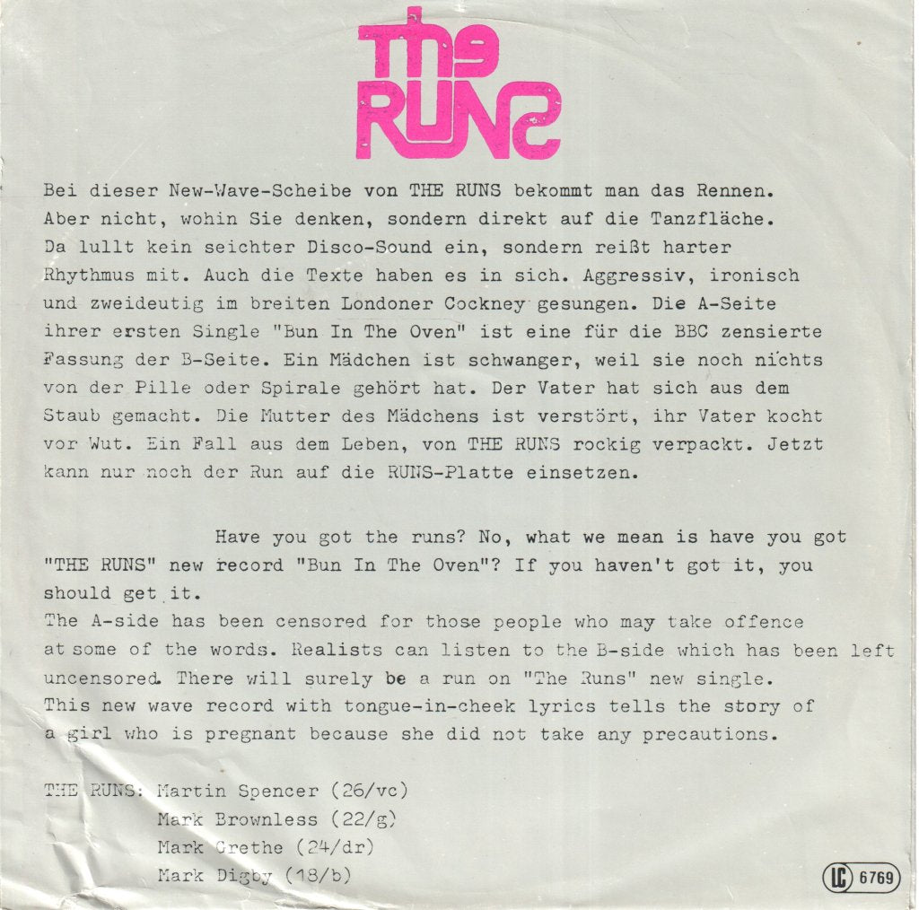Runs - Bun In The Oven - 7 Inch