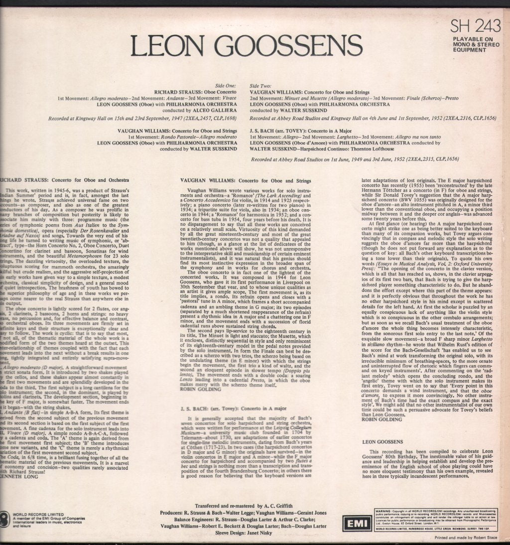 Leon Goossens - Richard Strauss - Oboe Concerto / Vaughan Williams Concerto for Oboe and Strings - Lp