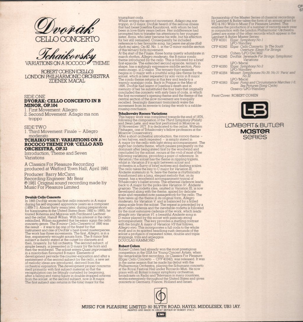 Robert Cohen / London Philharmonic / Zdenek Macal - Dvorak - Cello Concerrto / Tchaikovsky - Variations - Lp