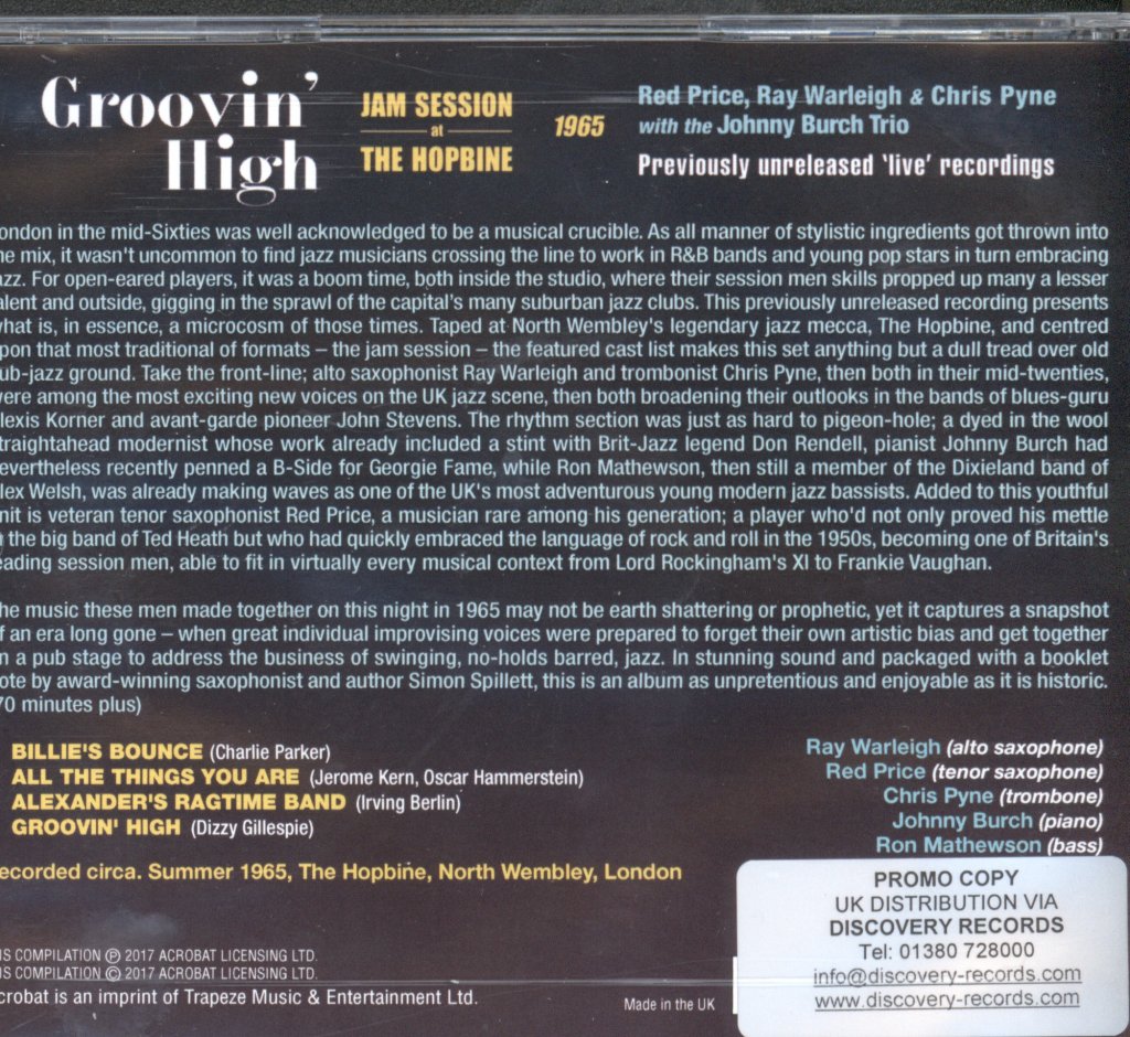 Red Price, Ray Warleigh & Chris Pyne With The Johnny Burch Trio - Groovin' High: Jam Session At The Hopbine, 1965 - Cd