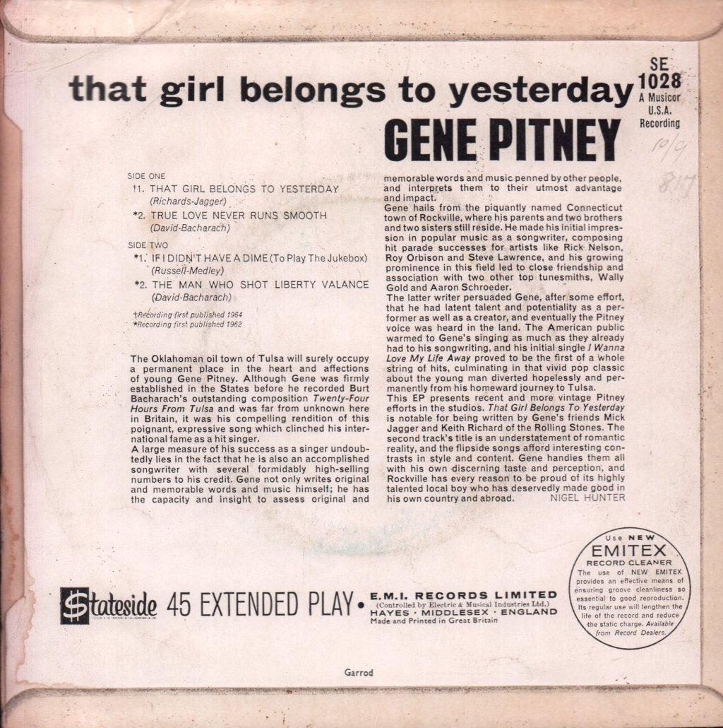 Gene Pitney - That Girl Belongs To Yesterday - 7 Inch