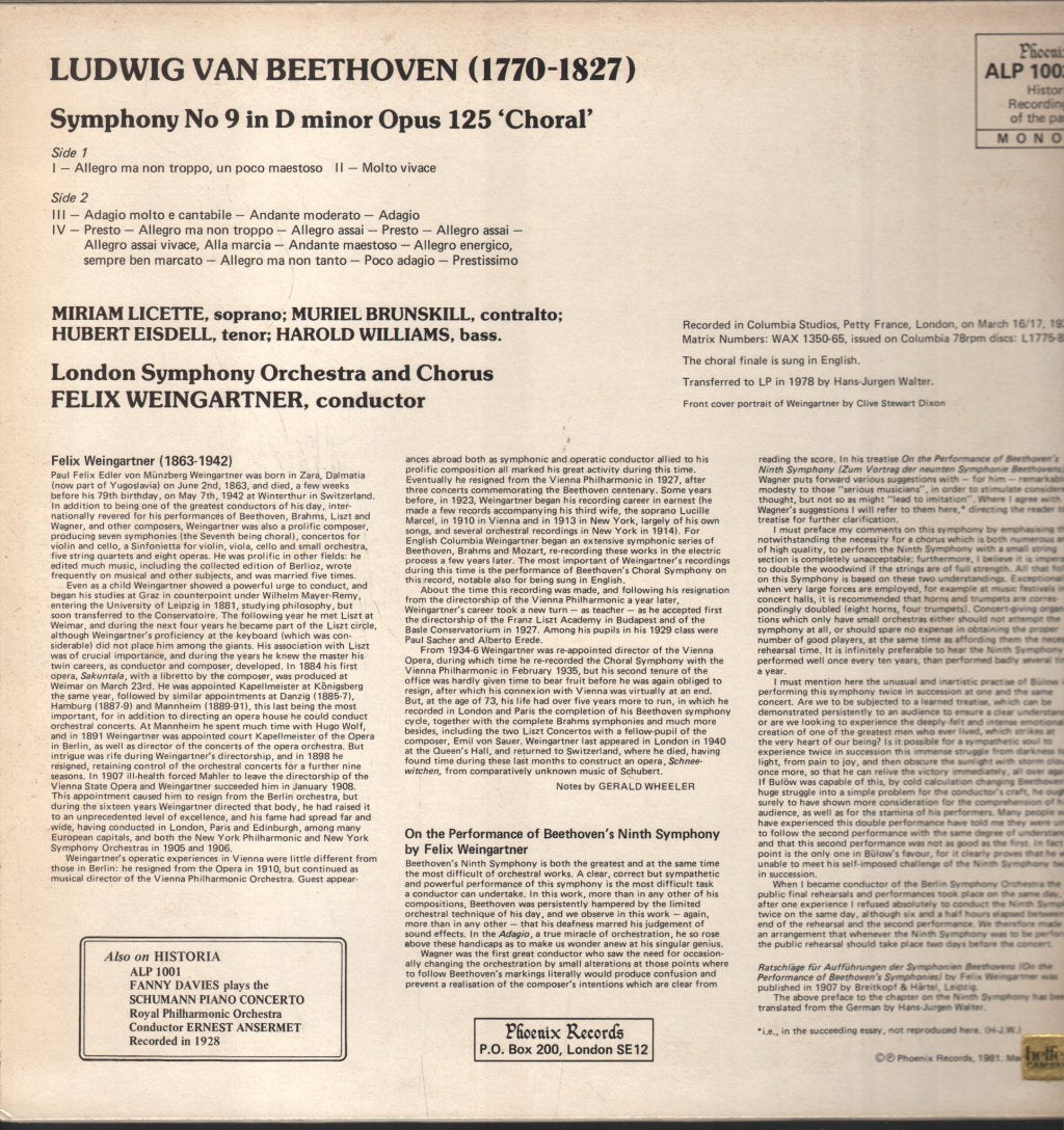 Felix Weingartner / London Symphony Orchestra - Beethoven - Choral Symphony - Lp