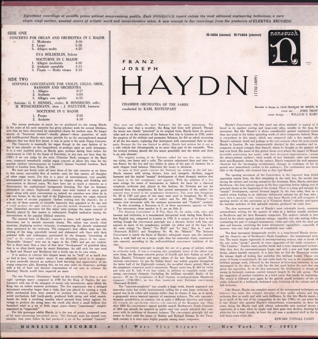 Karl Ristenpart / Chamber Orchestra Of The Sarre - Franz Joseph Haydn - Concerto For Organ And Orchestra In C Major / Sinfonia Concertante For Violin.... - Lp