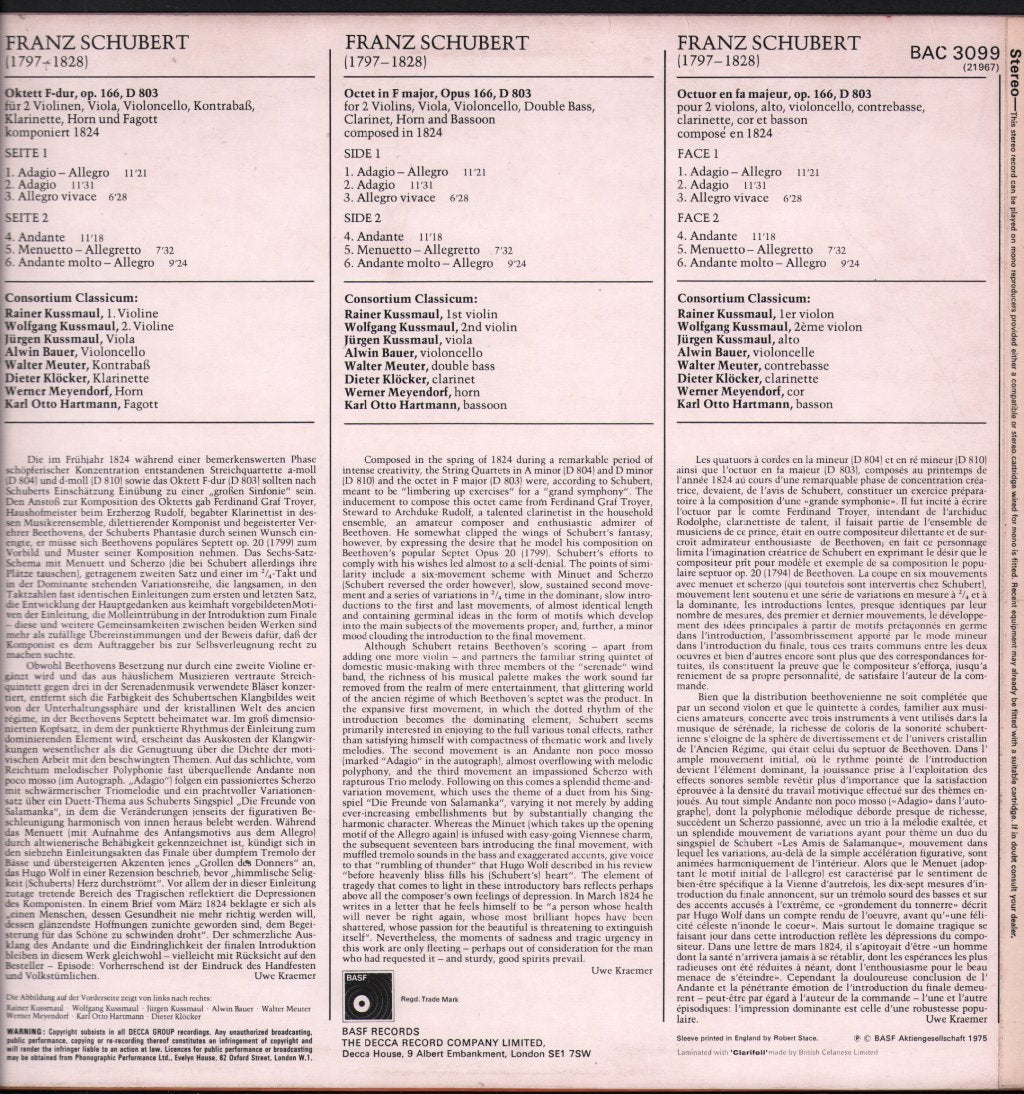 Consortium Classicum / Dieter Klöcker - Franz Schubert - Octet In F Major, Op. 166 - Lp